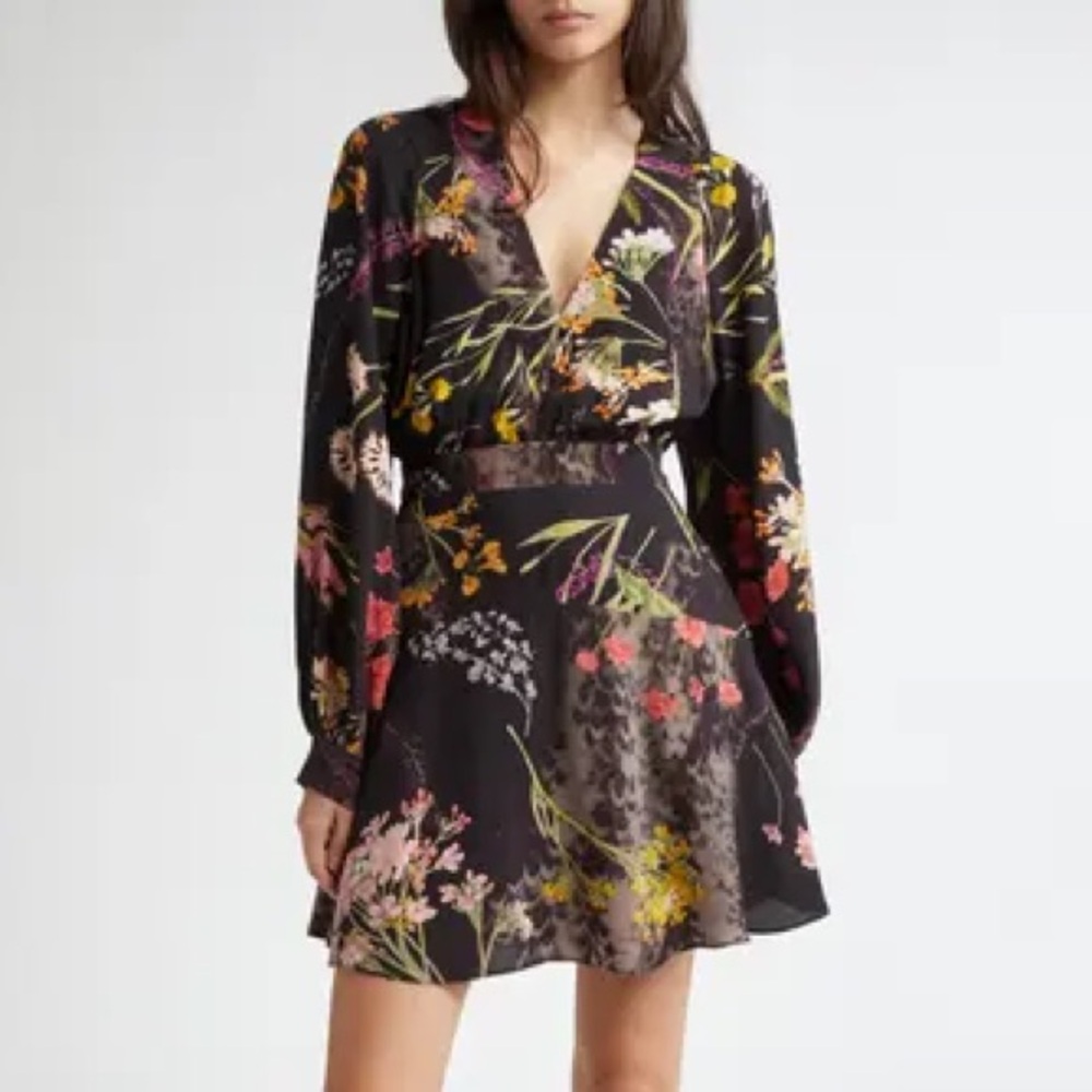 Reiss Black Floral Long Sleeve Mini Dress with Pink, Yellow and Green Accents